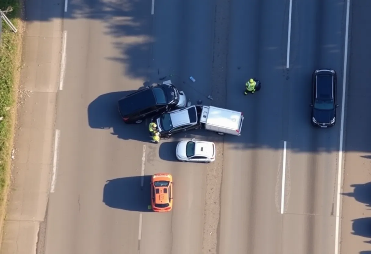 Emergency services responding to a multi-vehicle accident on State Highway 130.