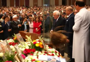 Trump and Musk greet each other during a memorial service