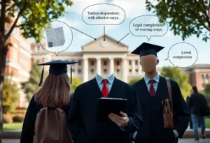 An illustration depicting the financial challenges of tuition for undocumented students on a university campus.