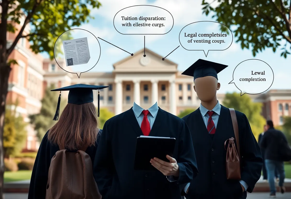 An illustration depicting the financial challenges of tuition for undocumented students on a university campus.