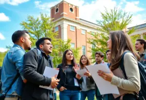 Students at university discussing free speech issues outdoors.