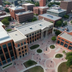 Aerial view of the University of Texas at Austin campus with students on the grounds.