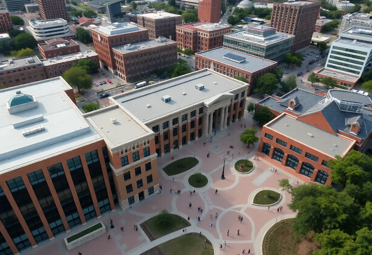 Aerial view of the University of Texas at Austin campus with students on the grounds.