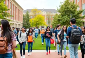 A group of diverse students on campus representing the University of Texas at Austin.