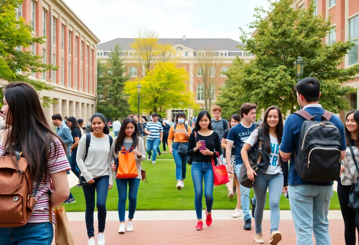 A group of diverse students on campus representing the University of Texas at Austin.