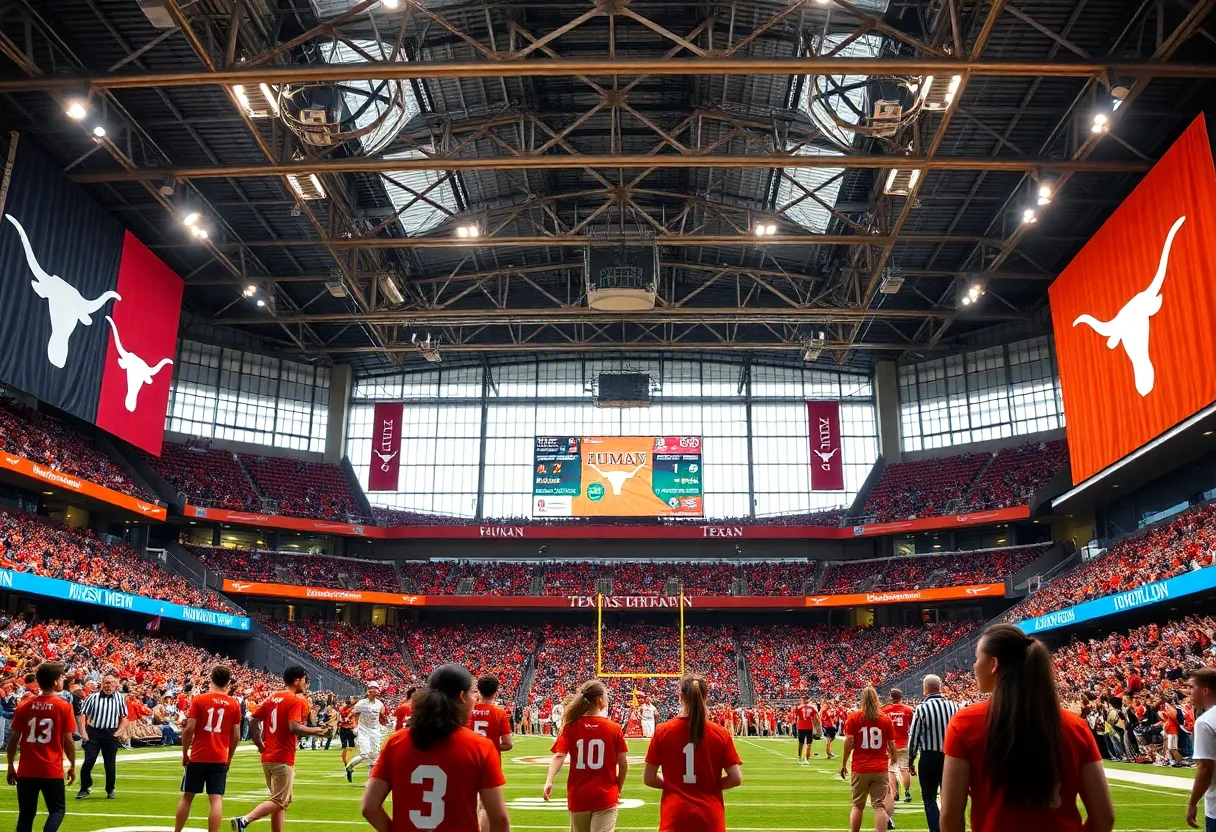 Vibrant sports venue featuring Humann and Texas Longhorns logos.