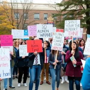 Demonstrators holding signs protesting during an event at the University of Texas