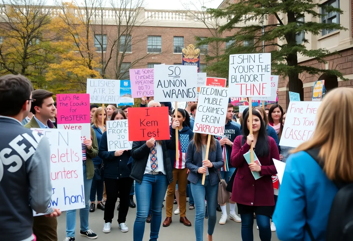 Demonstrators holding signs protesting during an event at the University of Texas