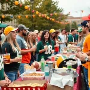Fans enjoying a tailgate party at UT Austin before the football game.