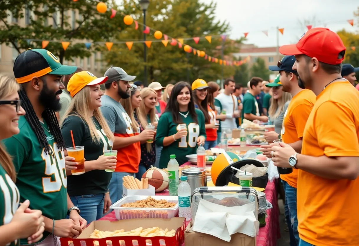 Fans enjoying a tailgate party at UT Austin before the football game.