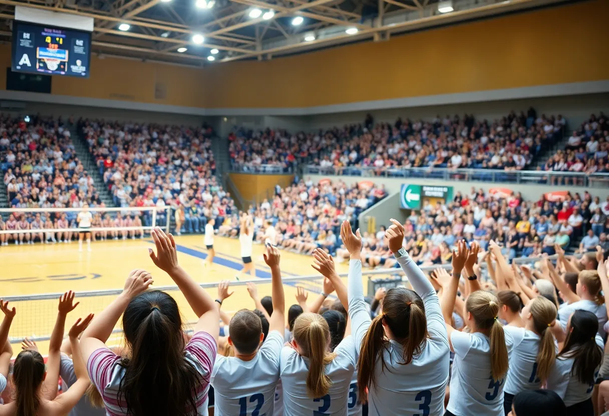 Crowd at a women's volleyball match at the Moody Center