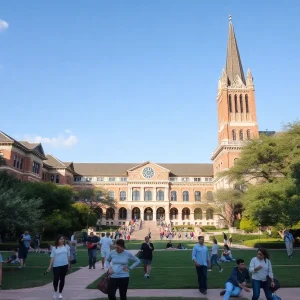 Campus view of the University of Texas at Austin with students and architecture.