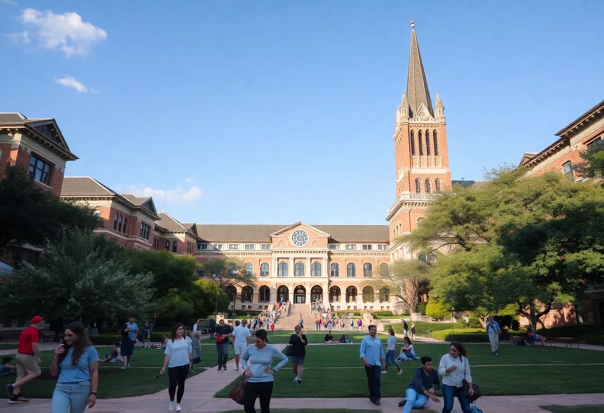 Campus view of the University of Texas at Austin with students and architecture.