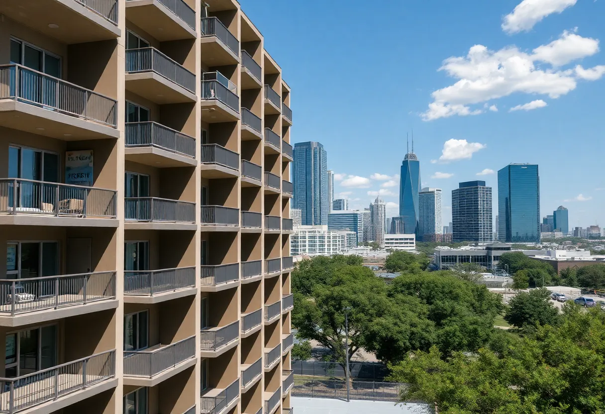 A view of vacant apartments in Austin, TX with 'For Rent' signage.