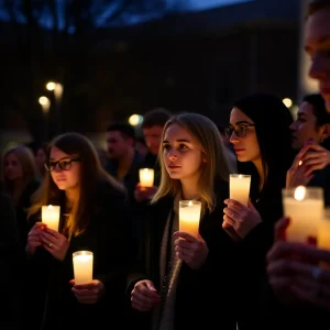 Memorial vigil attendees holding candles to honor Charlie Kirk.