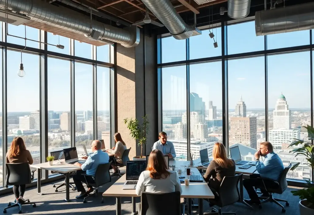 Newly expanded office space of Wise in Austin with employees collaborating.