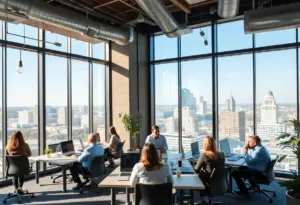 Newly expanded office space of Wise in Austin with employees collaborating.