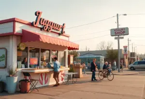 A peaceful outdoor image of a yogurt shop representing community memories.