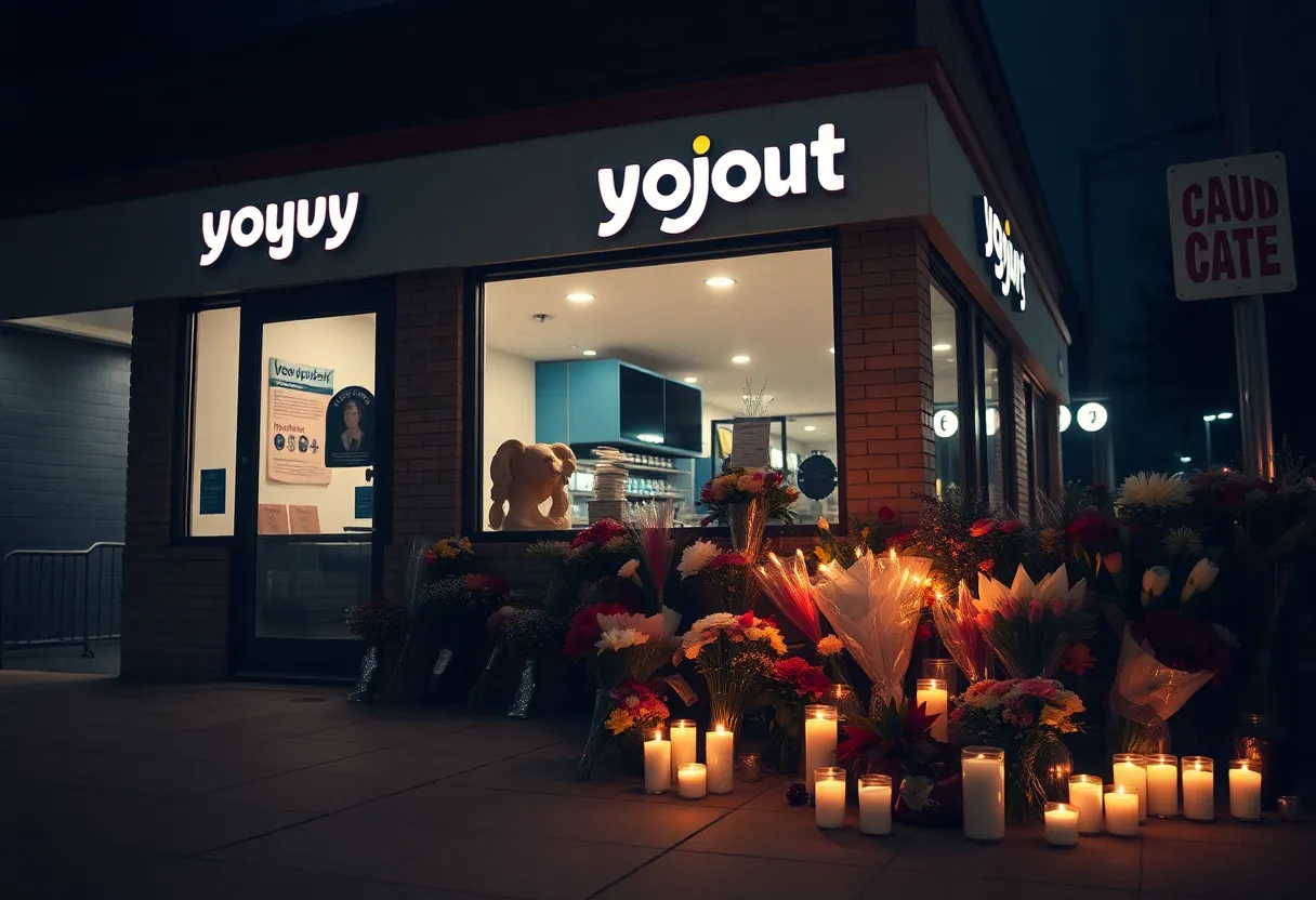 Memorial with flowers and candles for victims of the Yogurt Shop Murders