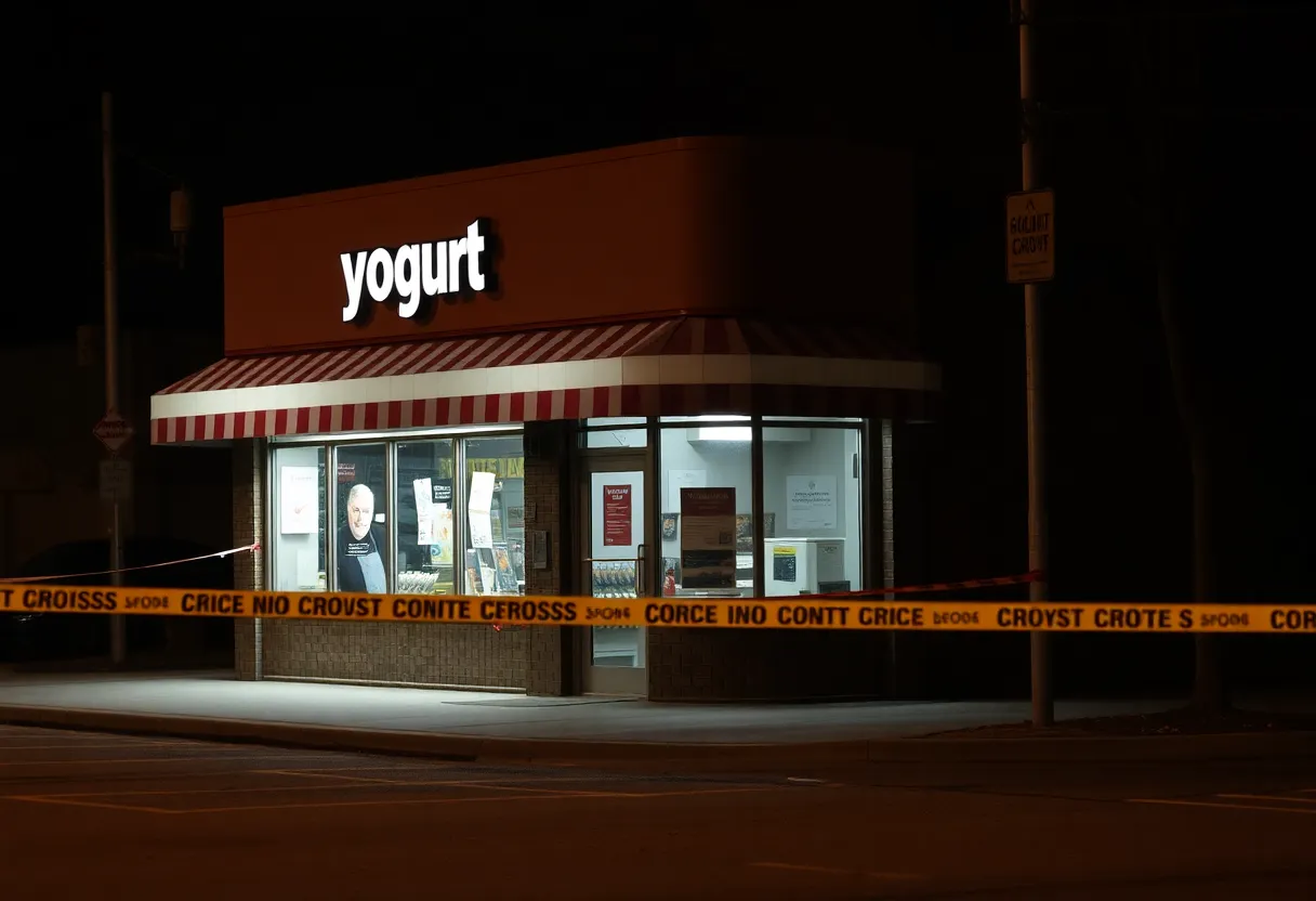 Image of a yogurt shop with police presence and tape, symbolizing the investigation of the Yogurt Shop Murders