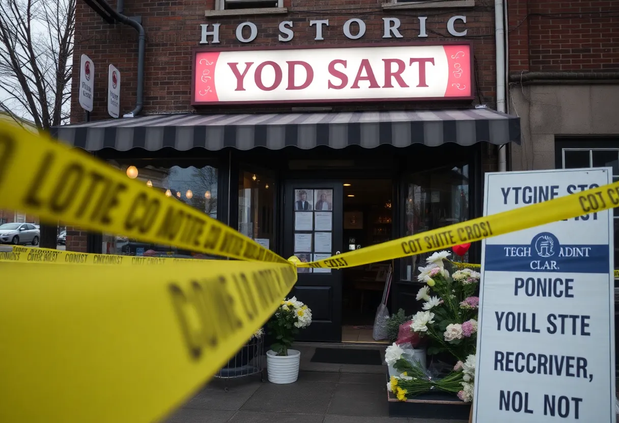 A historic yogurt shop marked by police tape and memorial flowers, representing the 1991 Yogurt Shop Murders case.