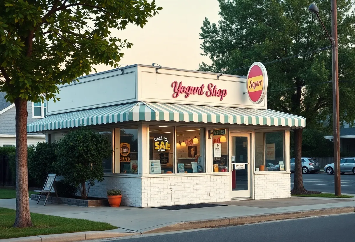 Exterior view of a yogurt shop in a suburban neighborhood