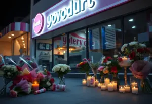 Memorial with flowers and candles at a yogurt shop in remembrance of victims