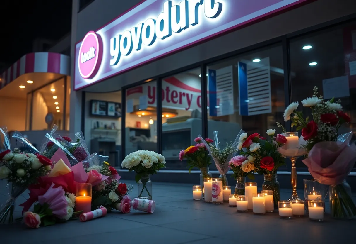 Memorial with flowers and candles at a yogurt shop in remembrance of victims