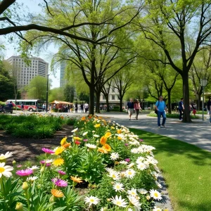 A tranquil view of Zilker Park, Austin, with green trees and flowers.