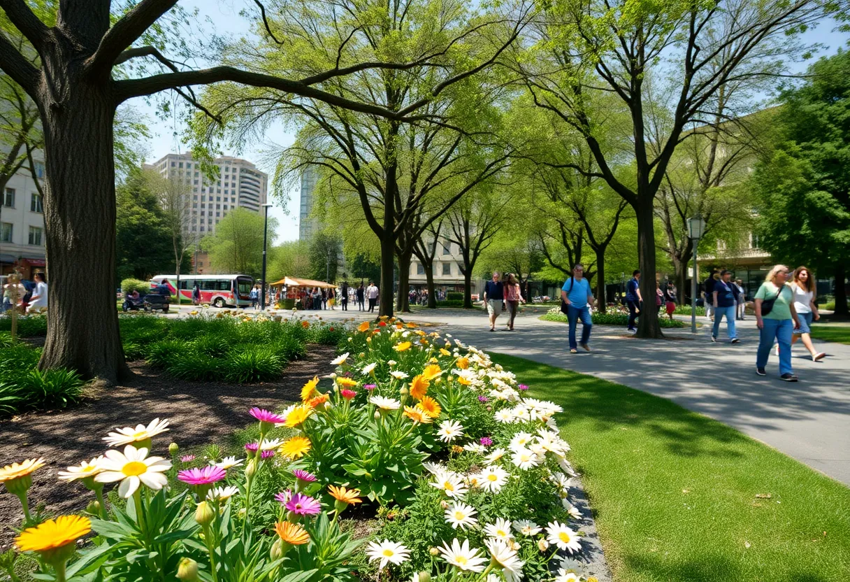 A tranquil view of Zilker Park, Austin, with green trees and flowers.