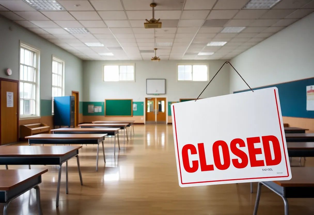 Closed school building with a sign indicating closure, symbolizing the proposed school closures in Austin.