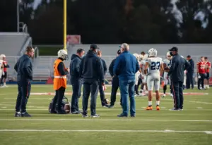 High school football game with medical staff attending players
