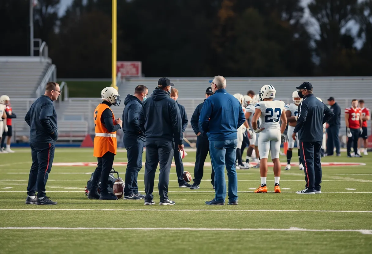 High school football game with medical staff attending players