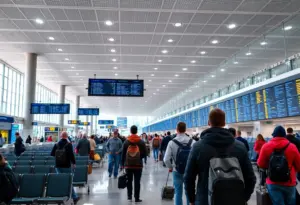 Busy terminal at Austin-Bergstrom International Airport with passengers waiting and checking flights.