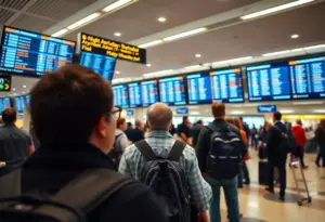 Crowded airport terminal with travelers amidst flight delays at Austin-Bergstrom International Airport.
