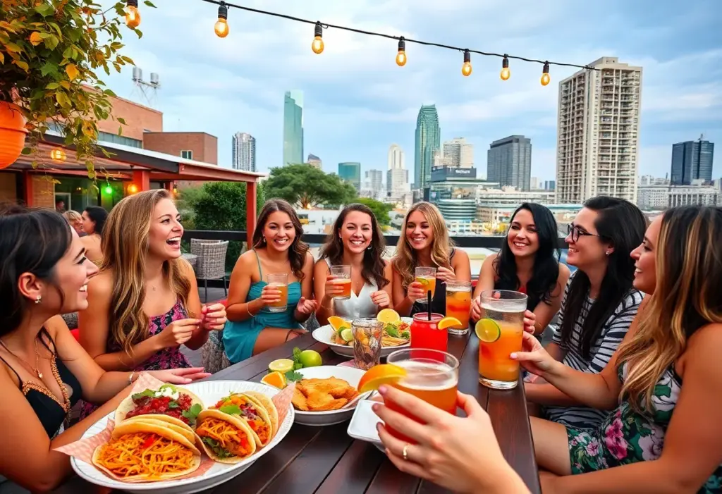 Group of friends celebrating a bachelorette party in Austin with rooftop cocktails and tacos.