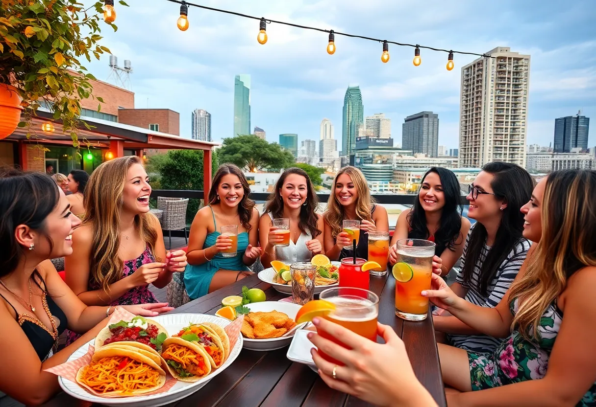 Group of friends celebrating a bachelorette party in Austin with rooftop cocktails and tacos.