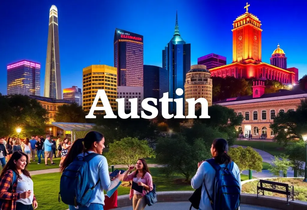 A collage depicting Austin as the best college town with students and landmarks.