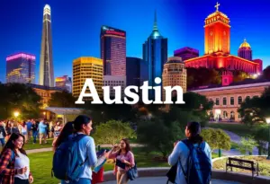 A collage depicting Austin as the best college town with students and landmarks.