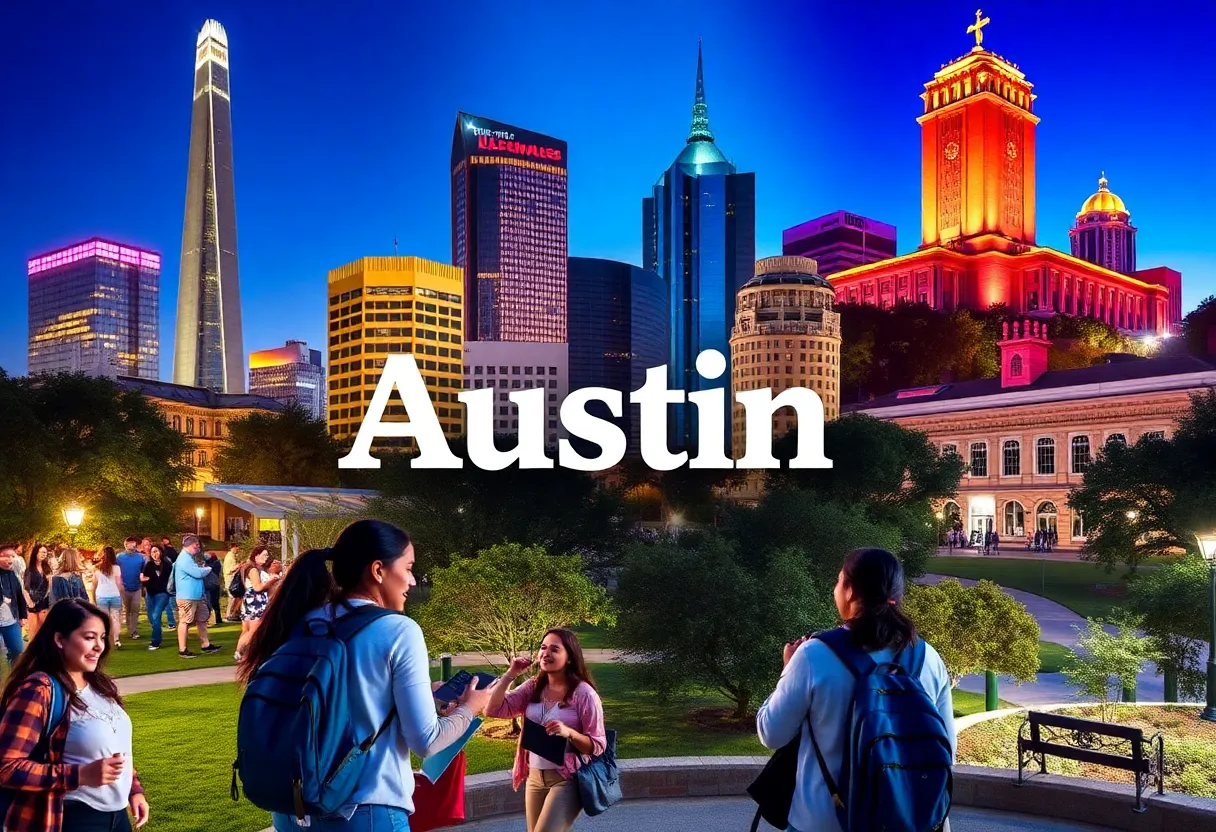 A collage depicting Austin as the best college town with students and landmarks.