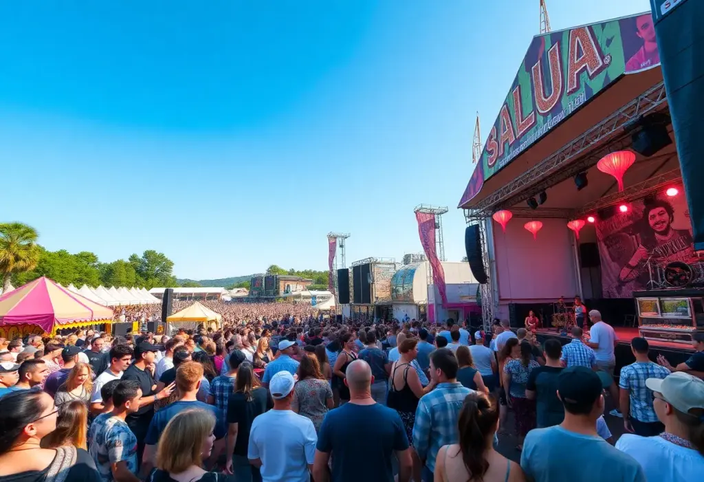 Crowd enjoying the Austin City Limits Music Festival with food stalls and performers on stage.