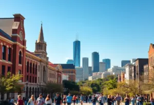 A busy college town in Austin with students and university landmarks