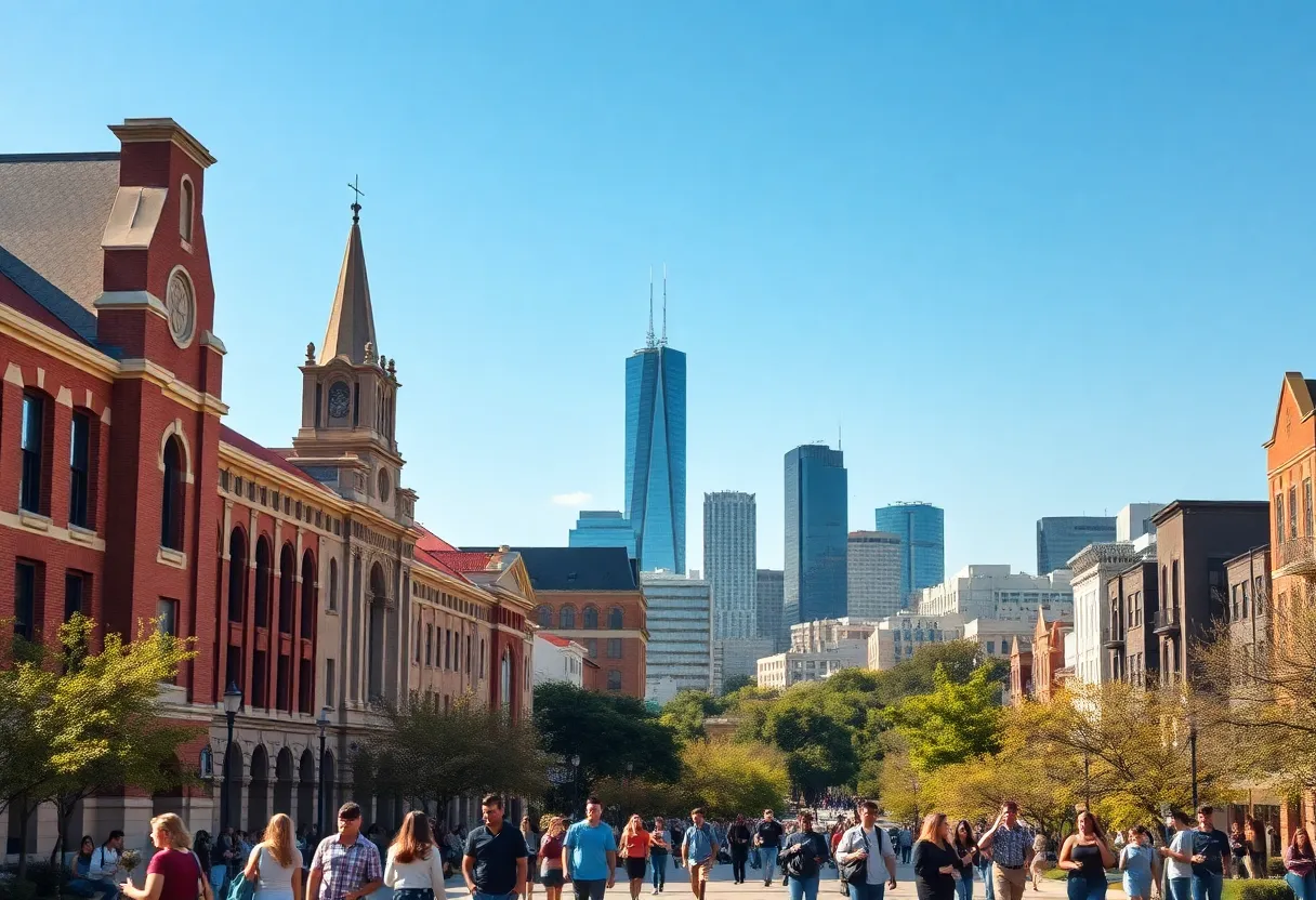 A busy college town in Austin with students and university landmarks