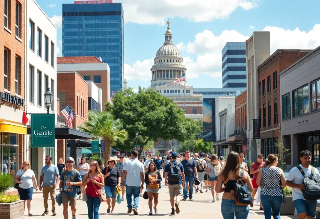 A lively college town scene in Austin with students and attractions