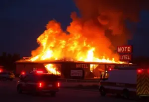 Large flames and smoke at an abandoned motel in Austin