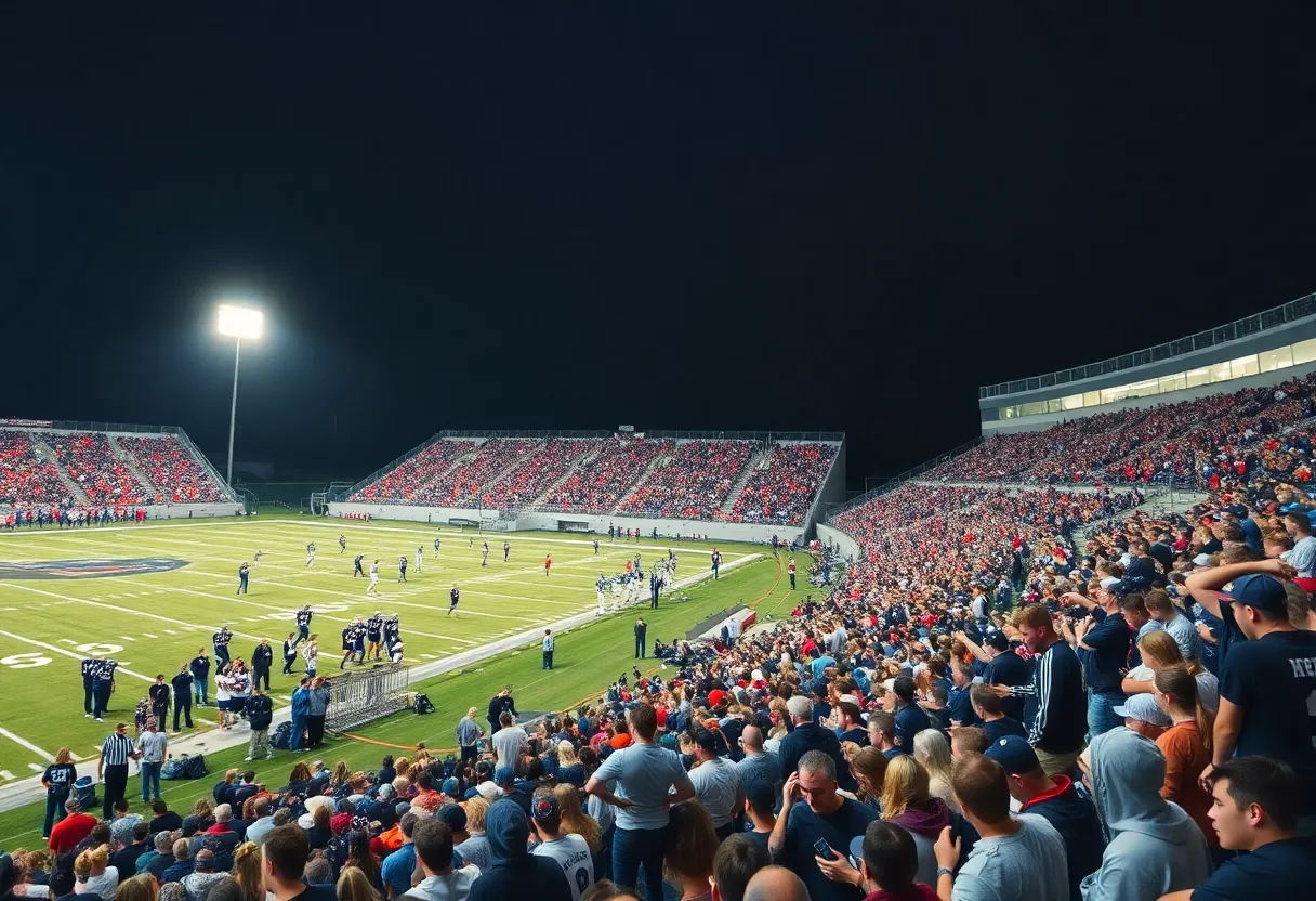 Football players from Austin High School and Westlake High School competing in a game.