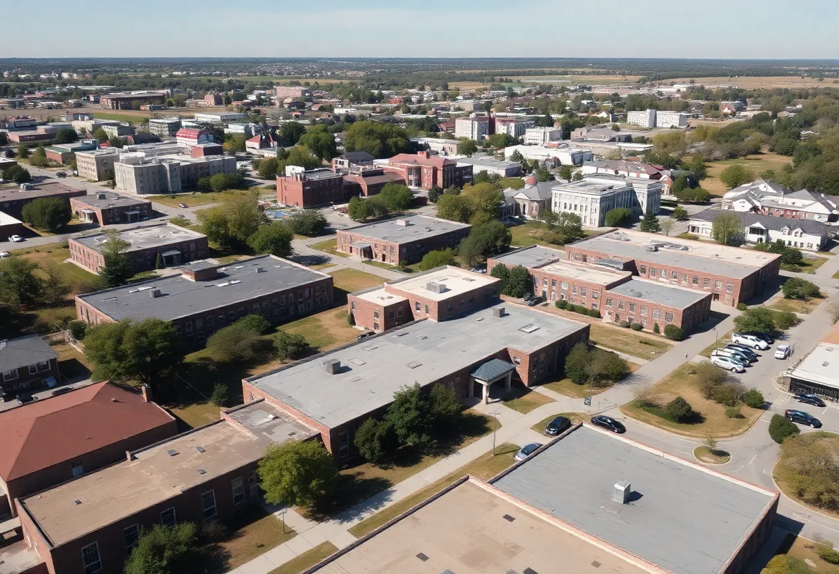Aerial view of school closures and community changes in Austin.