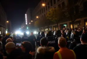 Police officers managing a crowd in Austin.