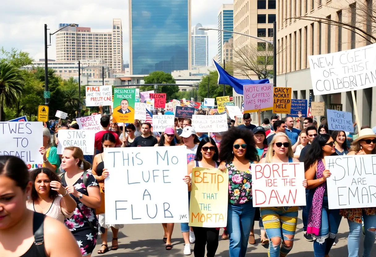 A diverse group of protesters marching in Austin with signs.