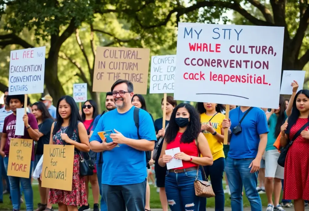 Austin residents demonstrating against the convention center expansion with banners and petitions.